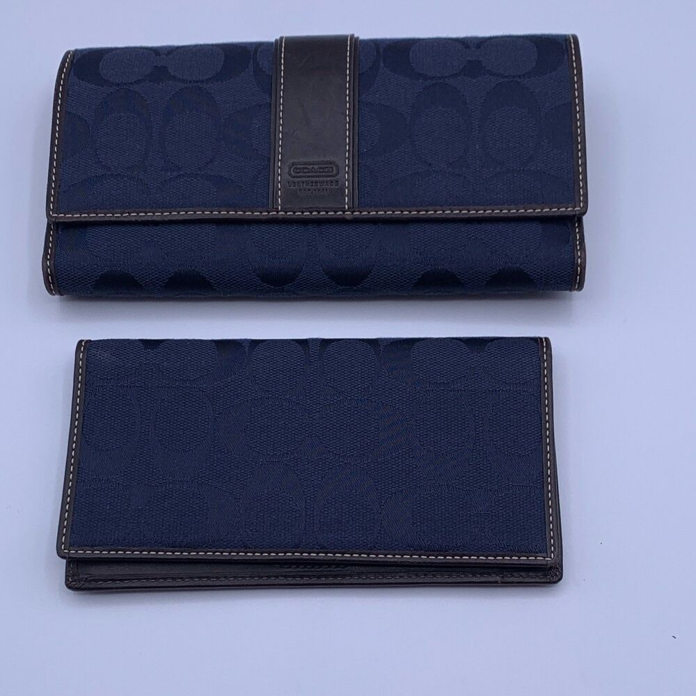 Coach Signature C Blue Checkbook Wallet with Zip Coin Pocket & ID Window